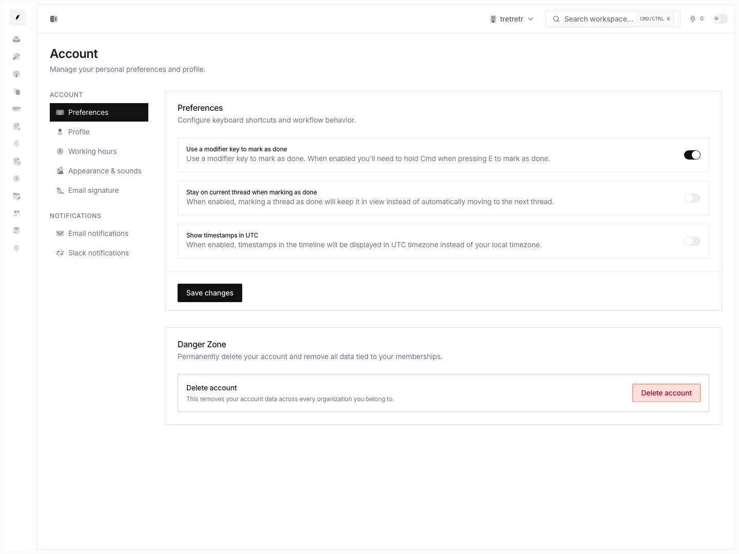 Account preferences showing personal workflow toggles and account safety controls.