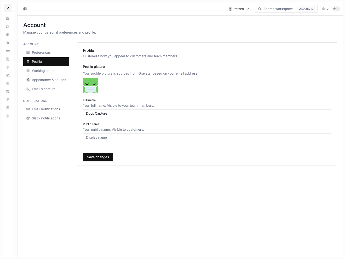 Account profile showing identity fields, public name, and profile picture controls.