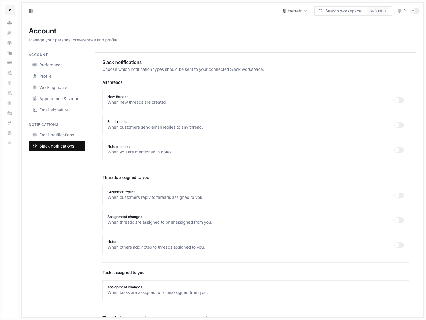 Account Slack notifications showing the personal Slack preference surface.