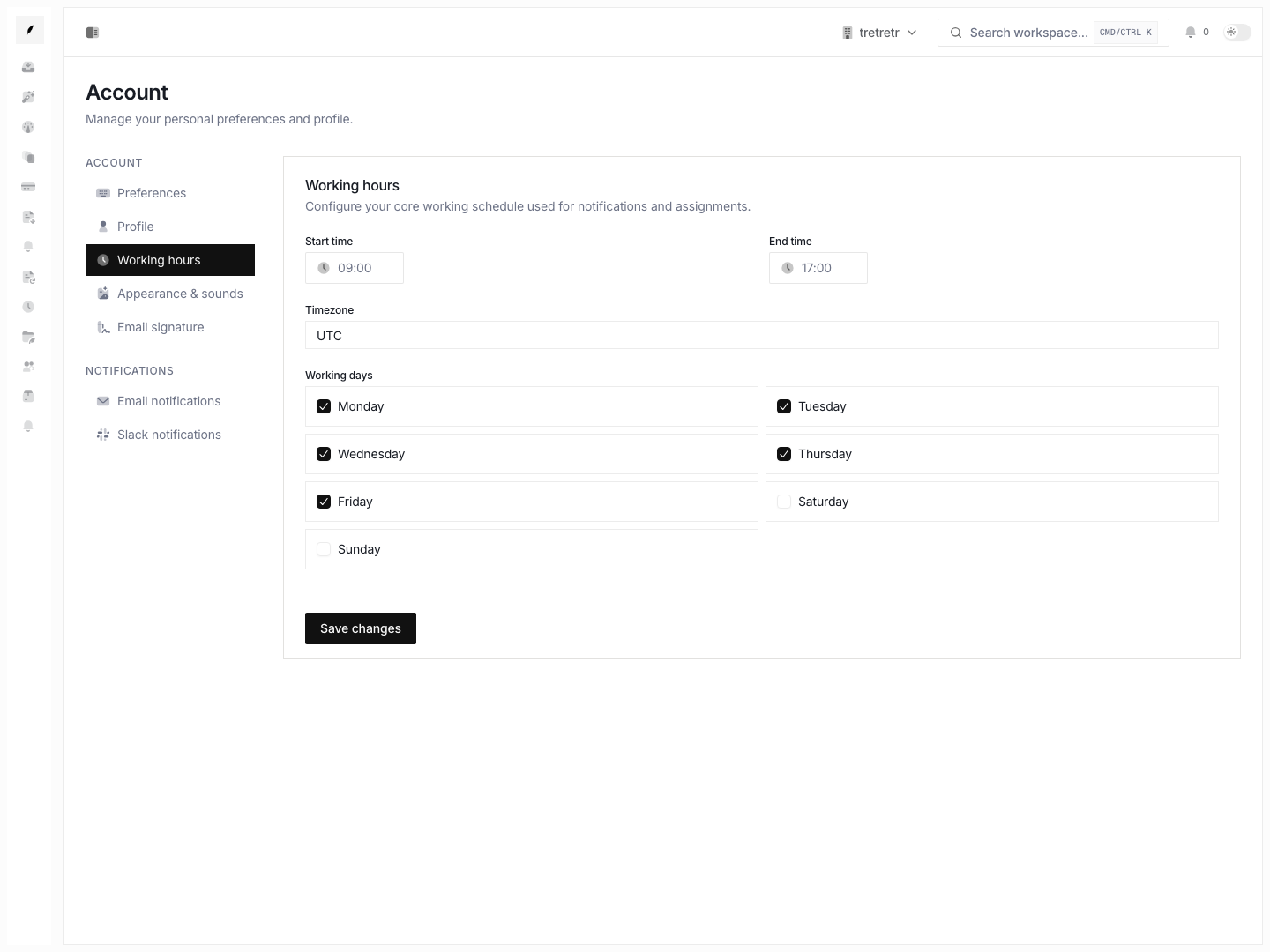 Account working hours showing the personal availability settings that complement organization hours.