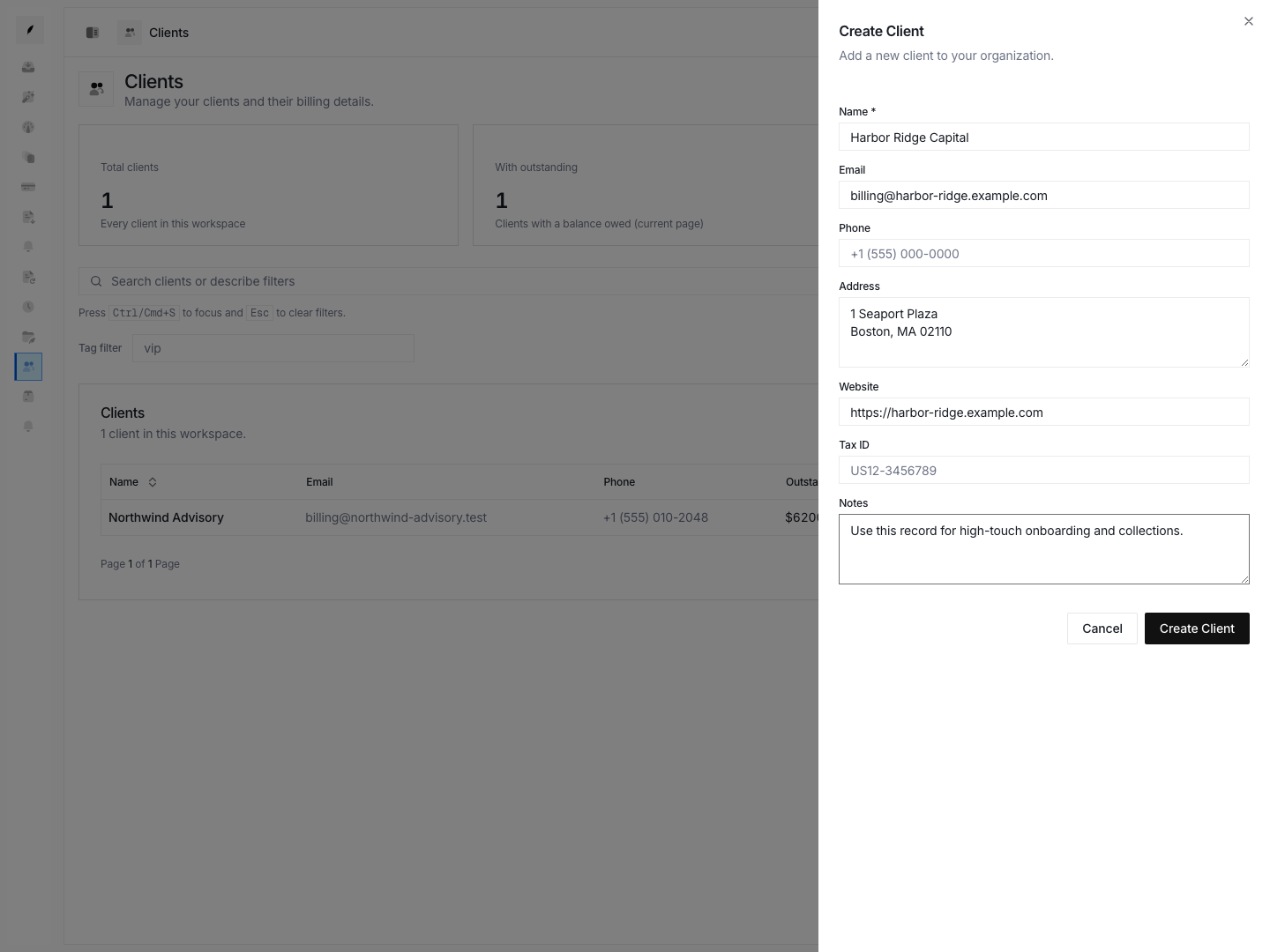 Create client sheet showing the required base fields for a new client record.