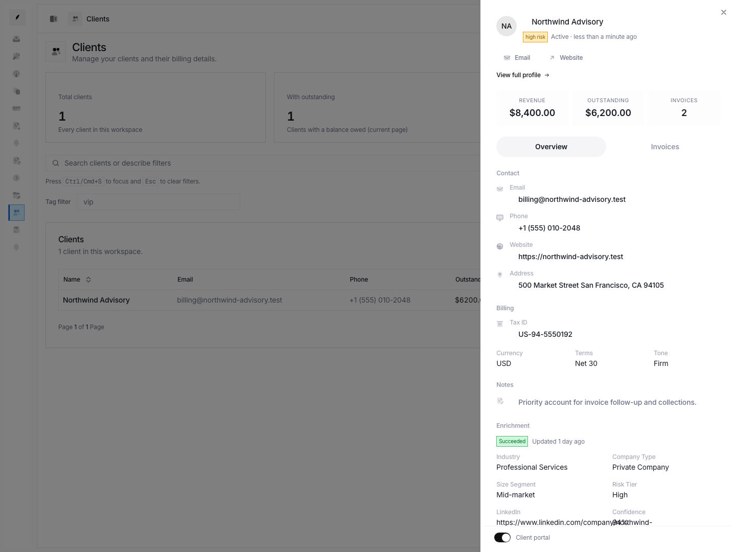 Client detail sheet showing the billing and account context teams often review before drafting a new invoice.
