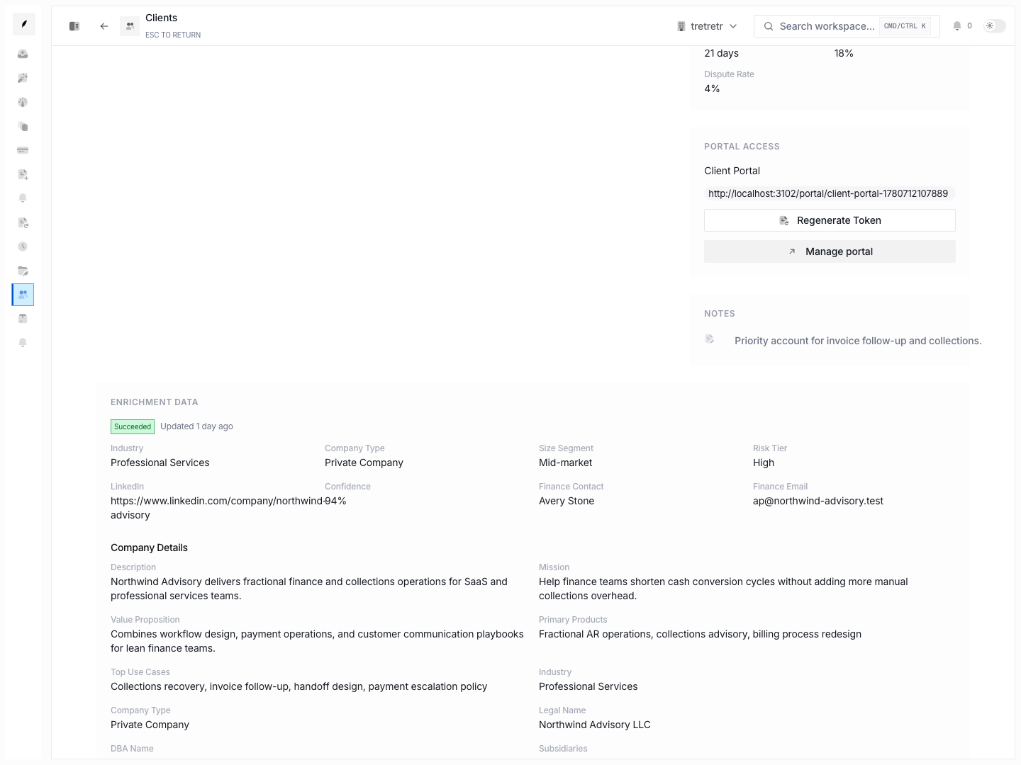 Client enrichment section showing lifecycle status, projected summary fields, detail accordions, and source-backed company context.