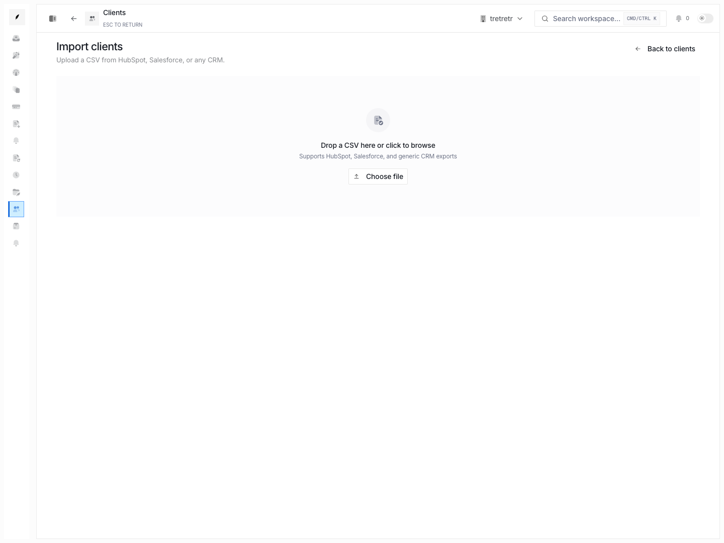 Client import workspace showing imported account rows ready for review before they enter the client directory.
