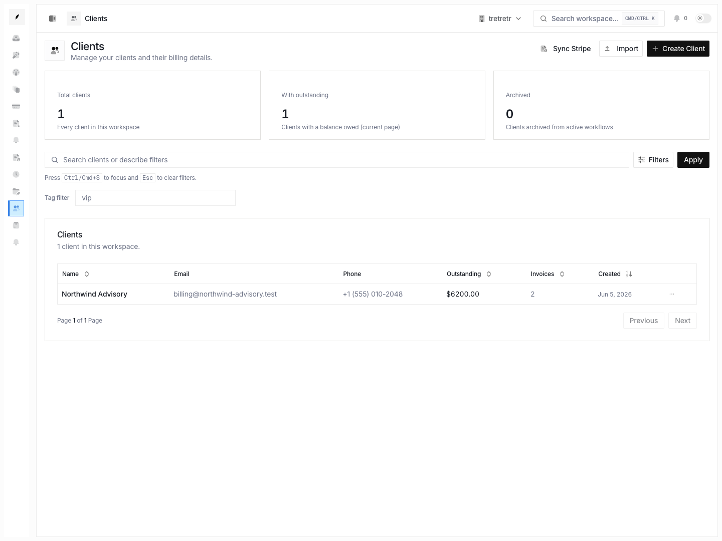 Clients workspace overview showing client records that can be organized with shared tags.