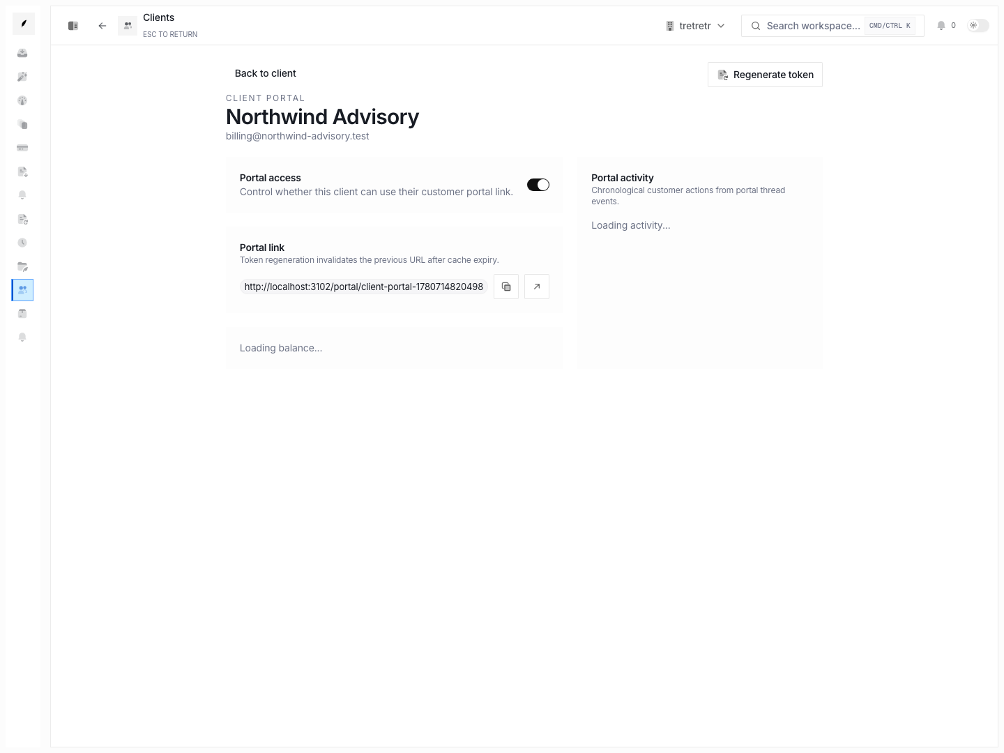 Client portal admin showing portal access, portal link, and activity controls for a customer.