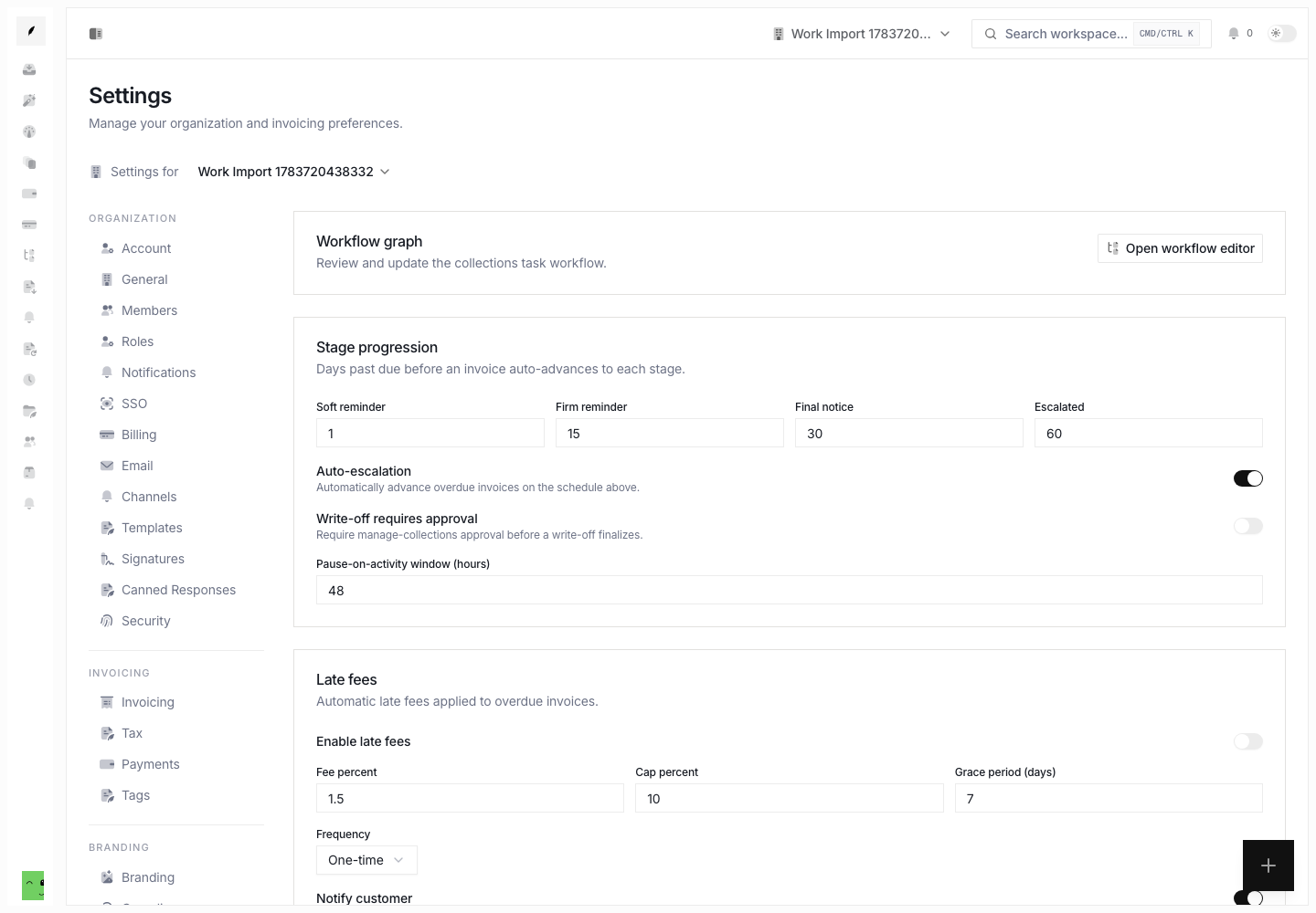 Collections settings with the workflow graph, stage thresholds, approval control, activity pause, and late-fee policy.