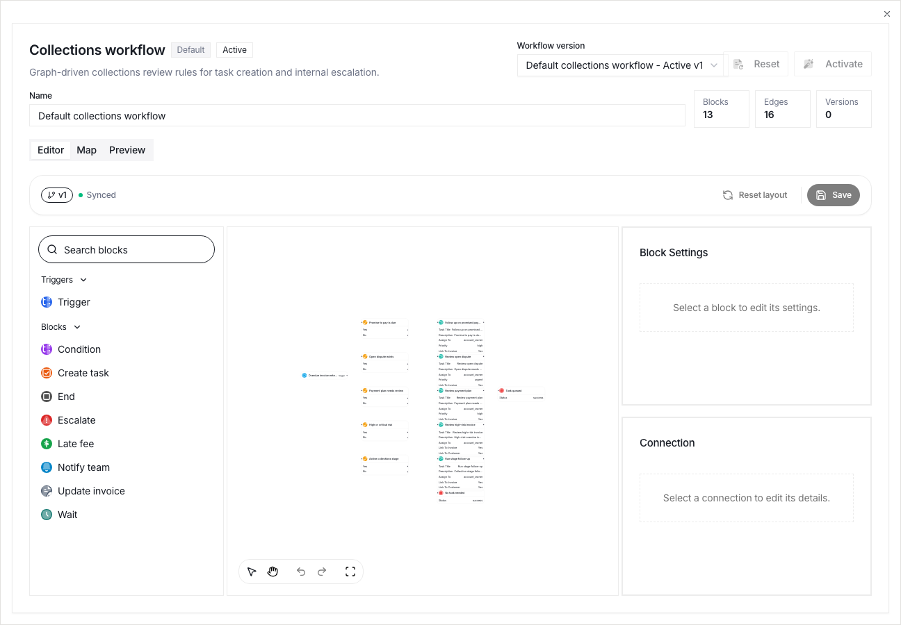 Collections workflow editor with a versioned decision graph and preview controls.