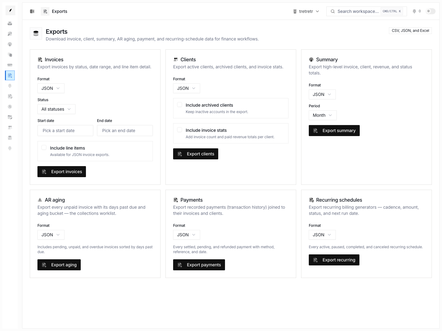 Exports overview showing available export jobs, status, and download-oriented workflow state.