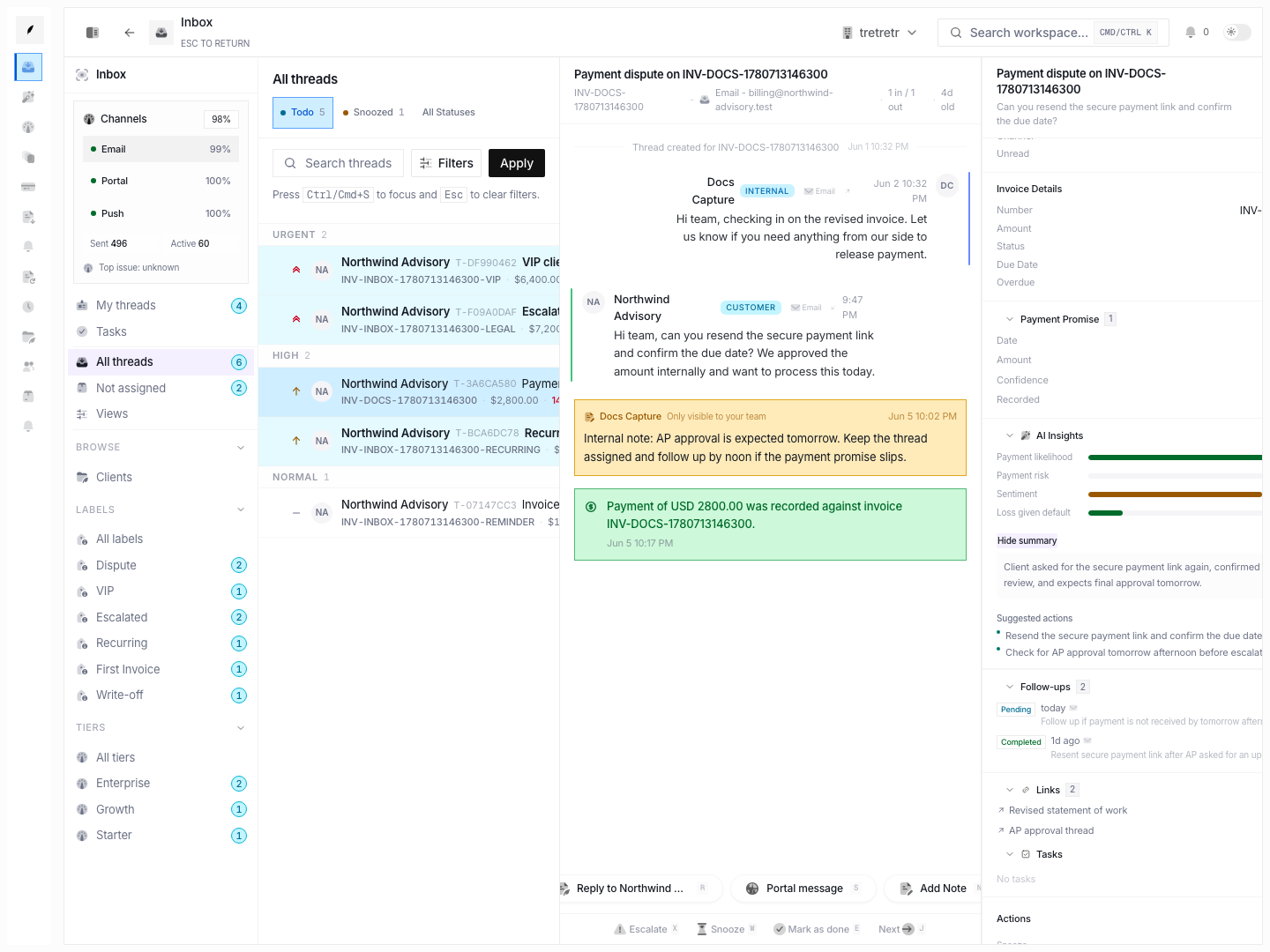 Inbox metadata sidebar showing status, assignee, labels, invoice details, and thread context.