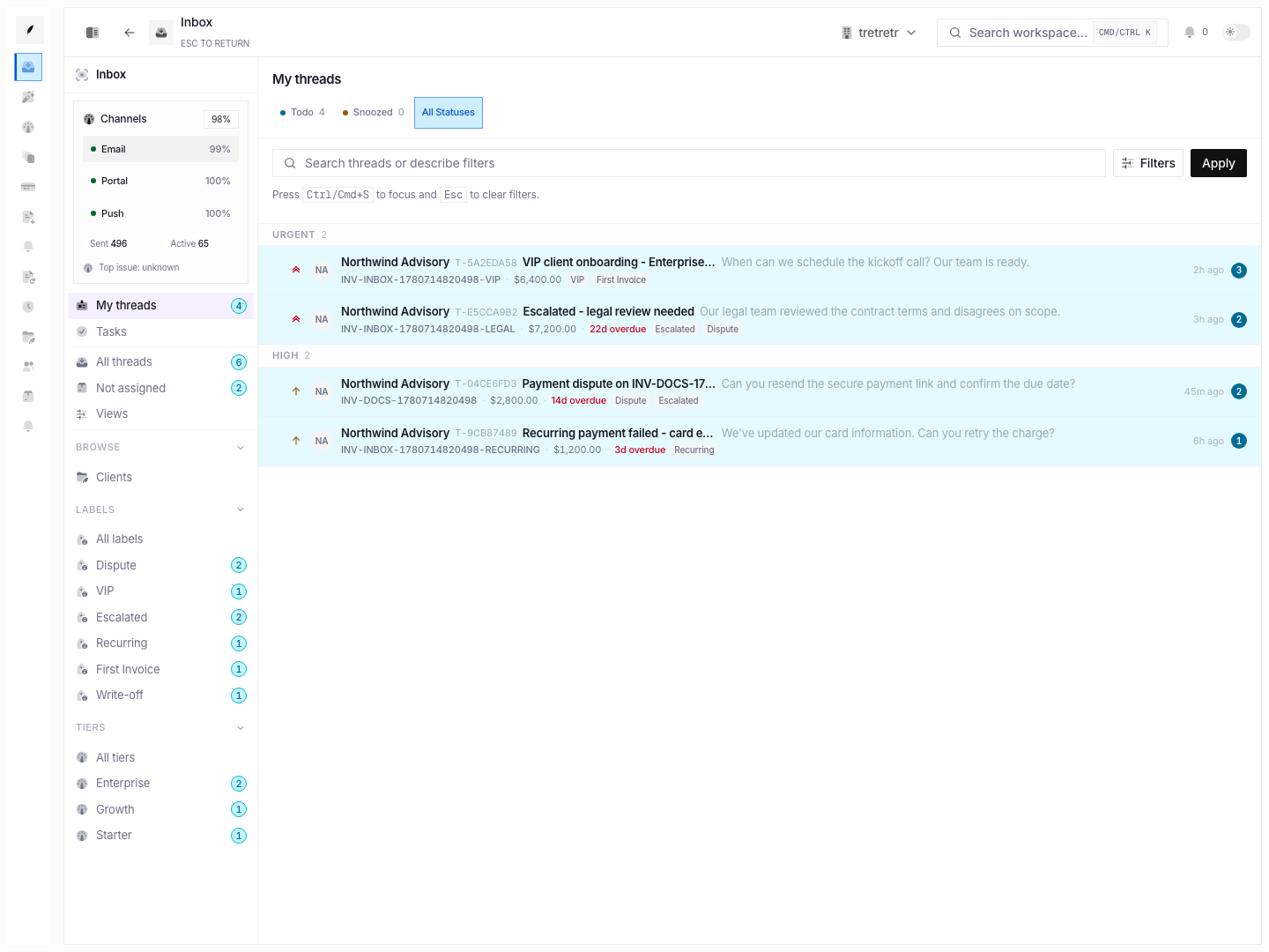 Inbox my threads showing the personal queue for assigned work.