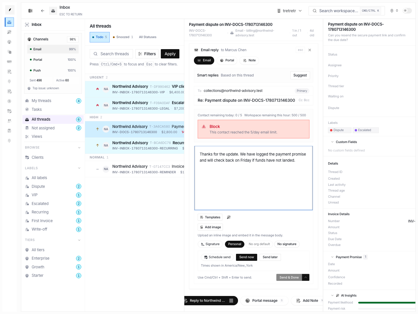 Reply composer showing subject, optional Cc or Bcc, message body, and send mode choices.