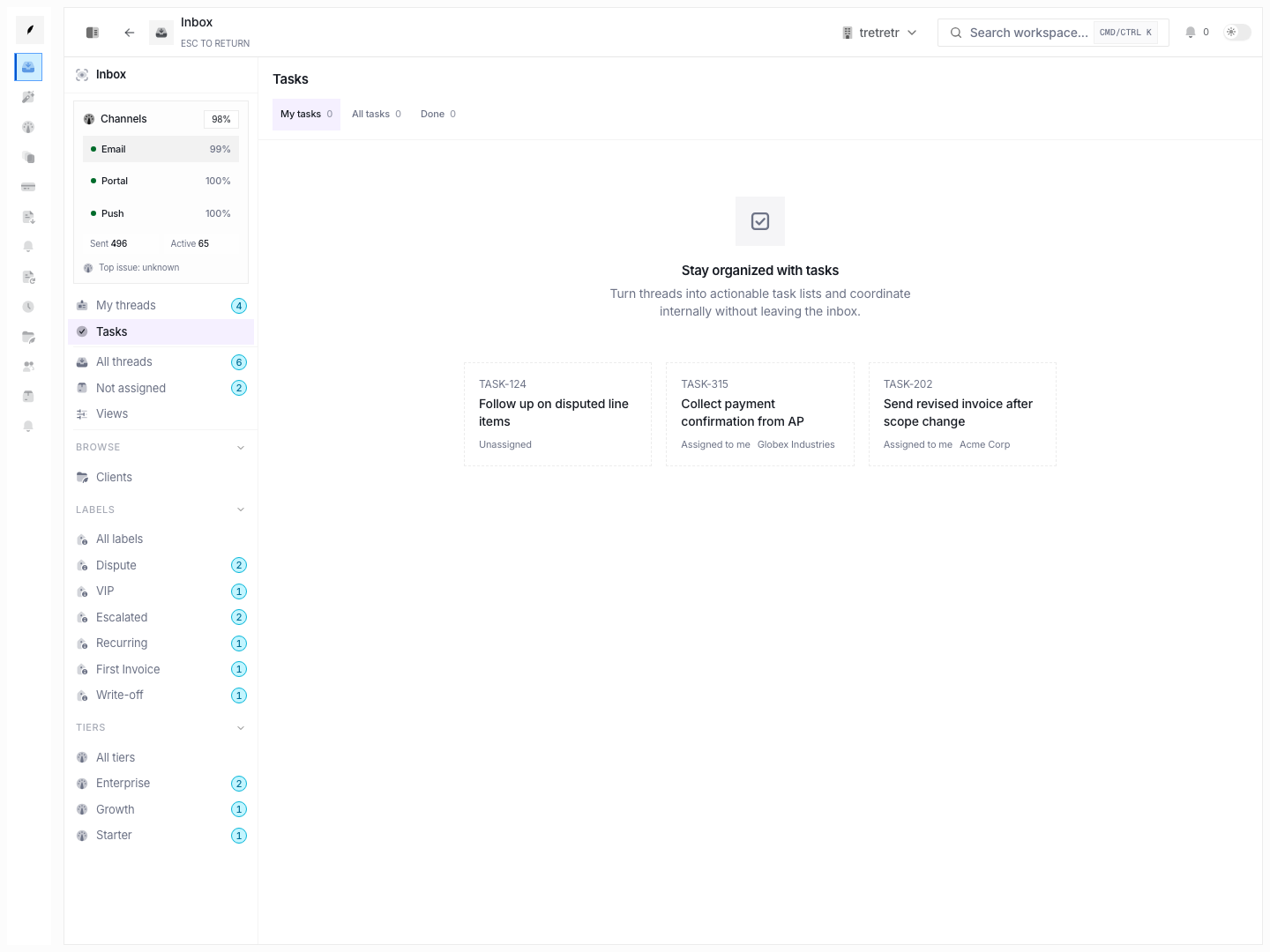 Inbox tasks showing thread-linked internal work and task state filters.