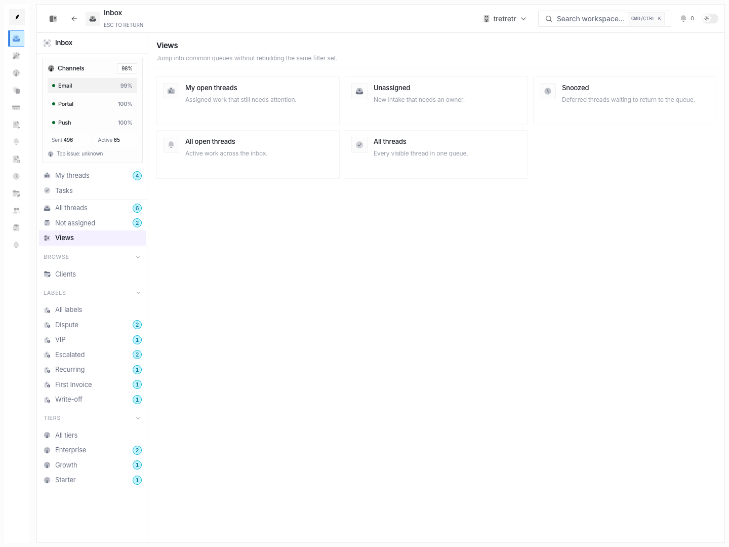 Inbox views showing predefined queue shortcuts for common triage contexts.