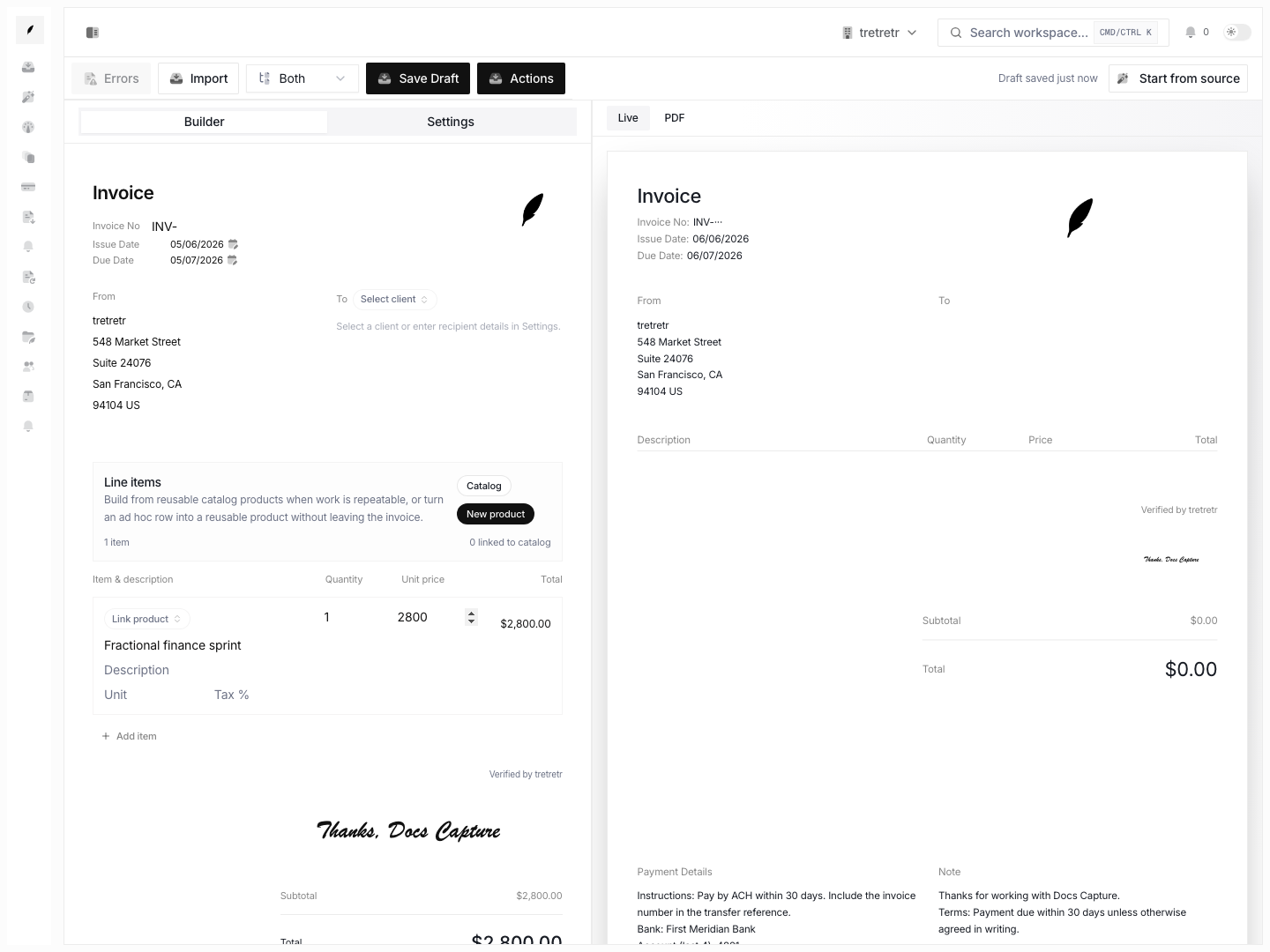Conduitt invoice builder showing draft details and preview