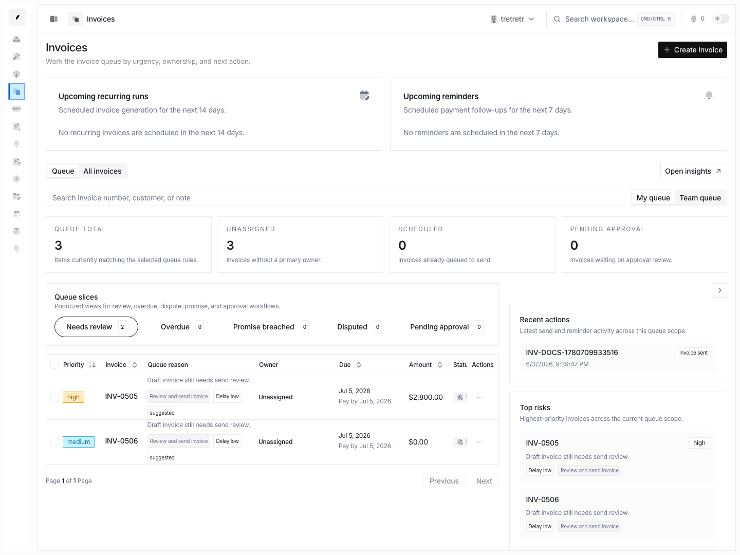 Invoices overview showing saved invoices with status, due date, customer, and amount.
