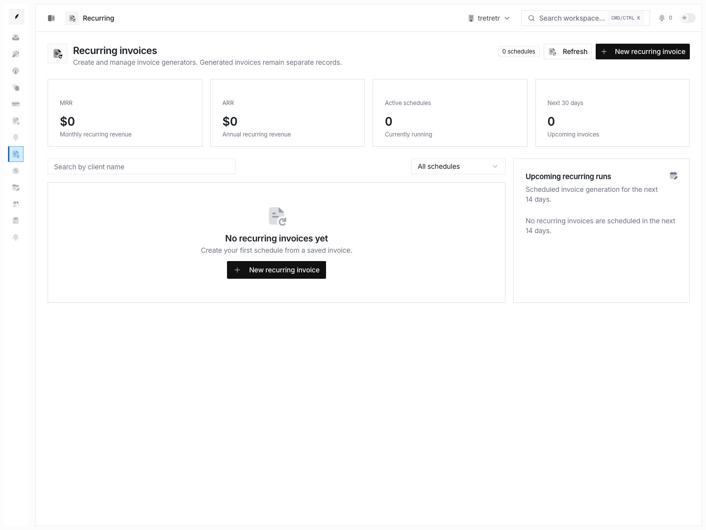 Recurring invoices overview showing schedule health, MRR/ARR stats, and recurring generators.