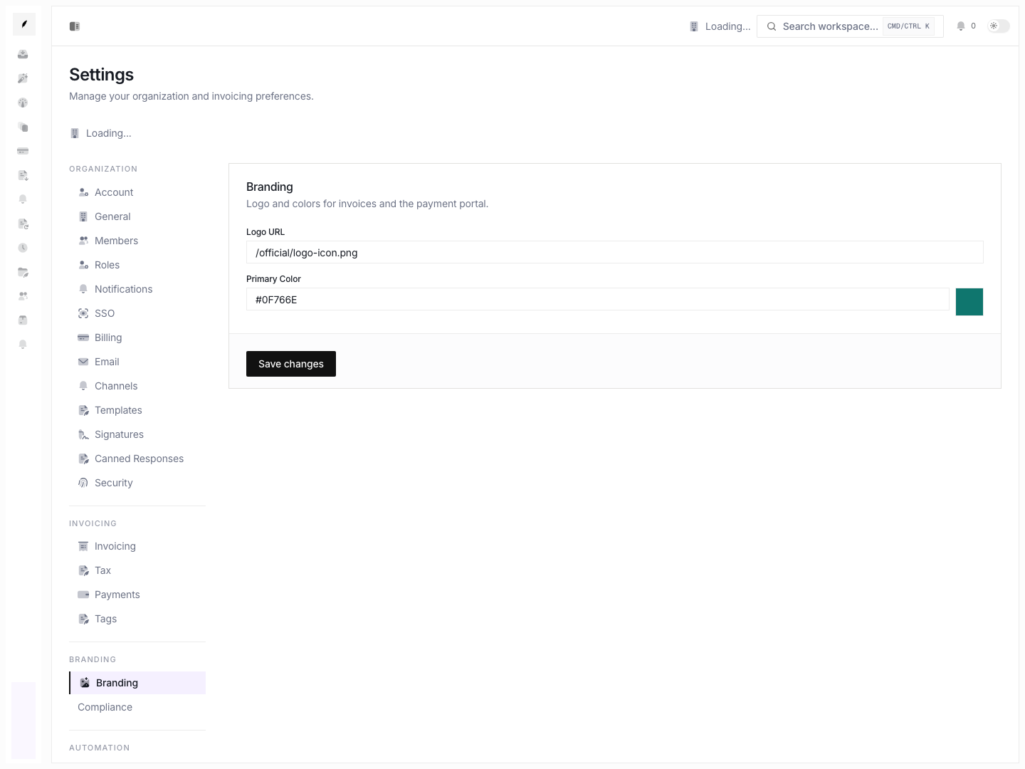 Branding settings showing logo URL and primary color controls.