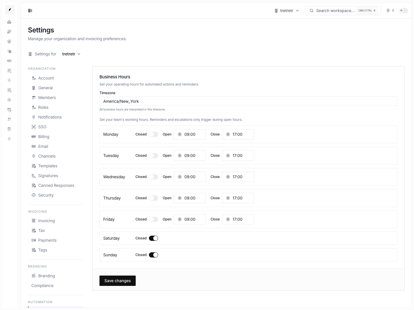 Business hours settings showing the organization-level schedule that complements personal availability.