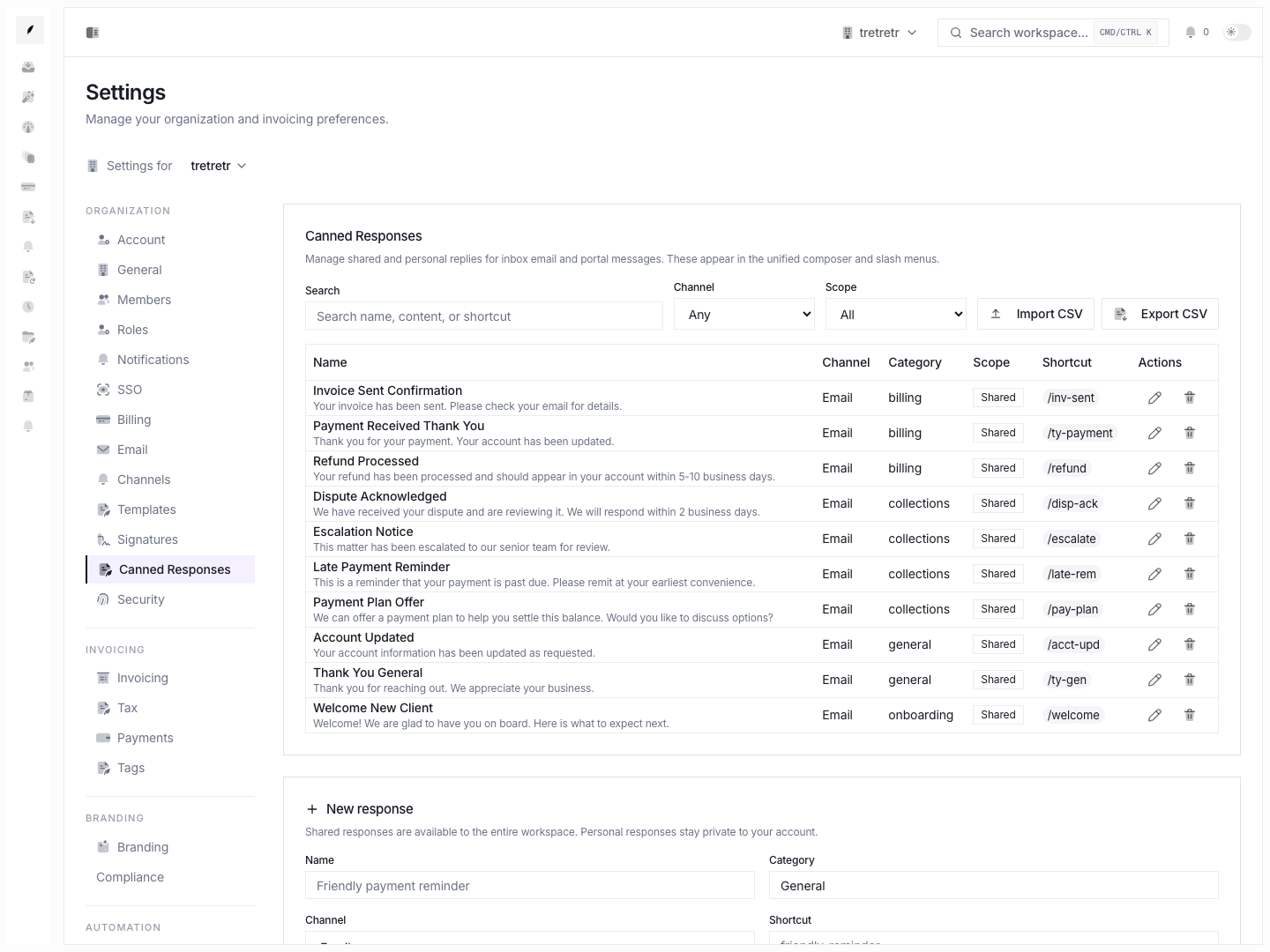 Canned responses settings showing reusable reply snippets and library controls.