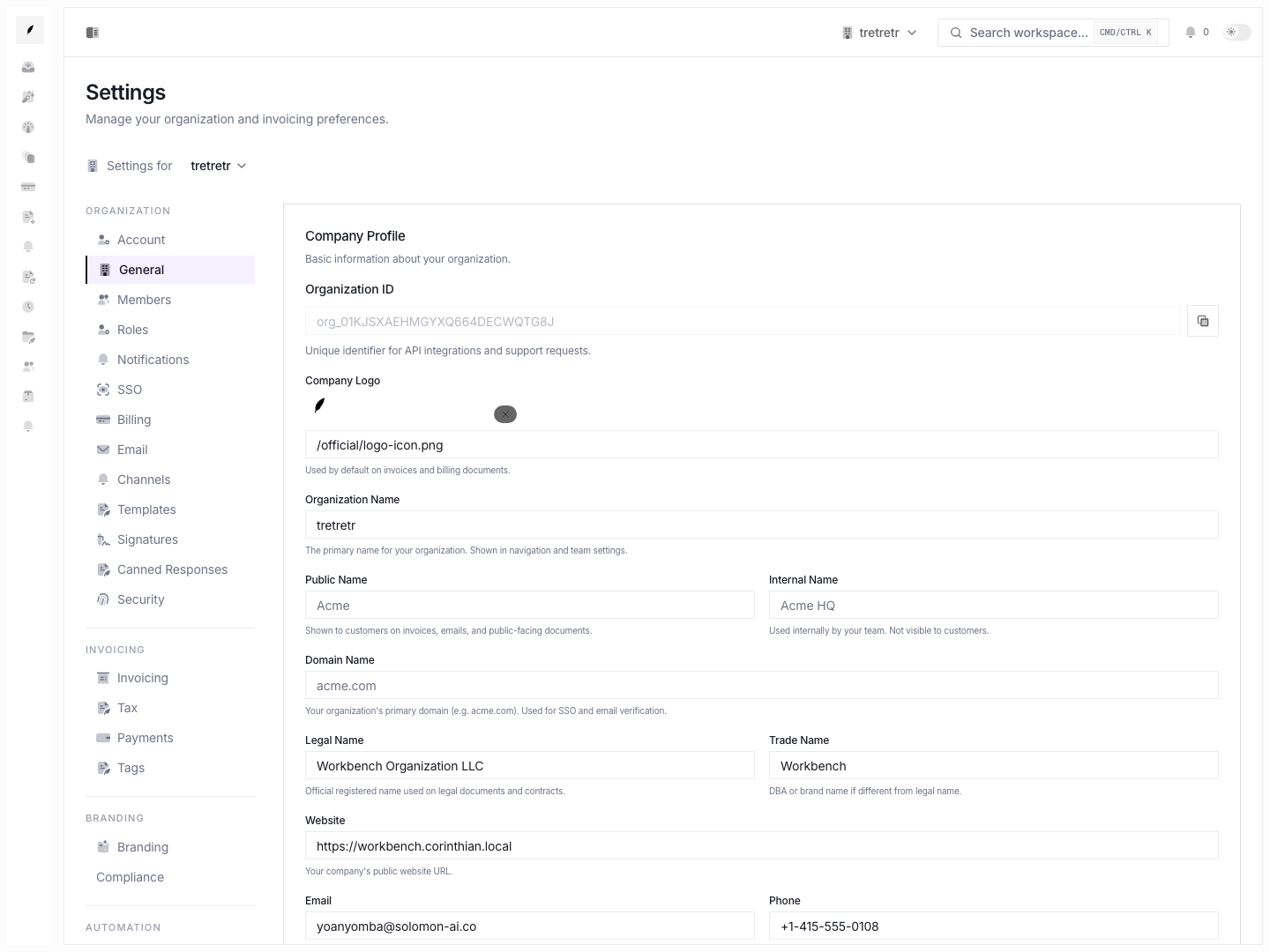 General settings page showing company profile controls and organization identity fields inside the settings workspace.