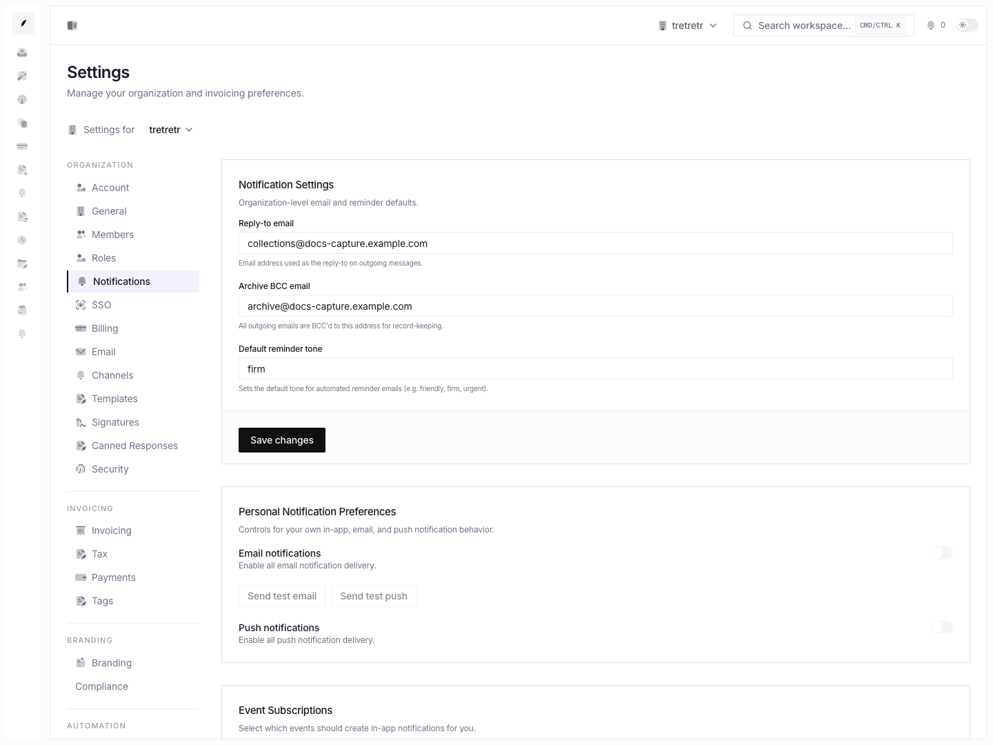 Settings notifications page showing reply routing, archive BCC, reminder tone, and user notification preferences.