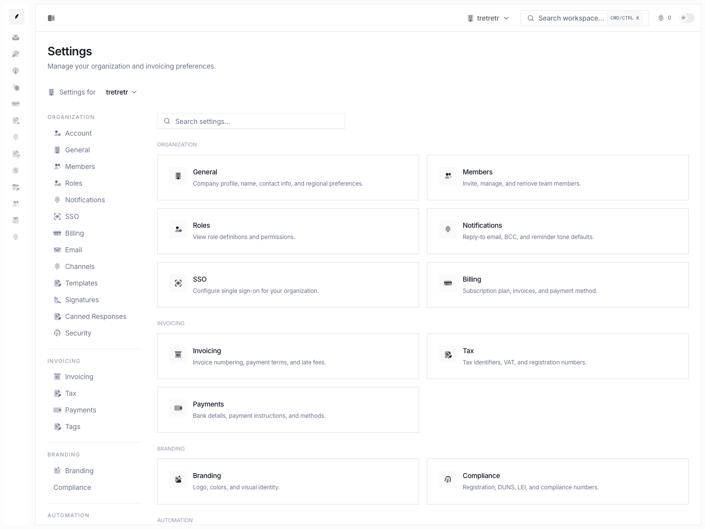 Settings overview showing grouped cards for organization, invoicing, branding, and automation controls.