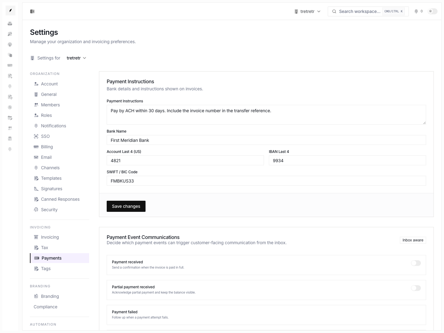 Payment settings showing manual instructions that can sit alongside Stripe-backed payment options.