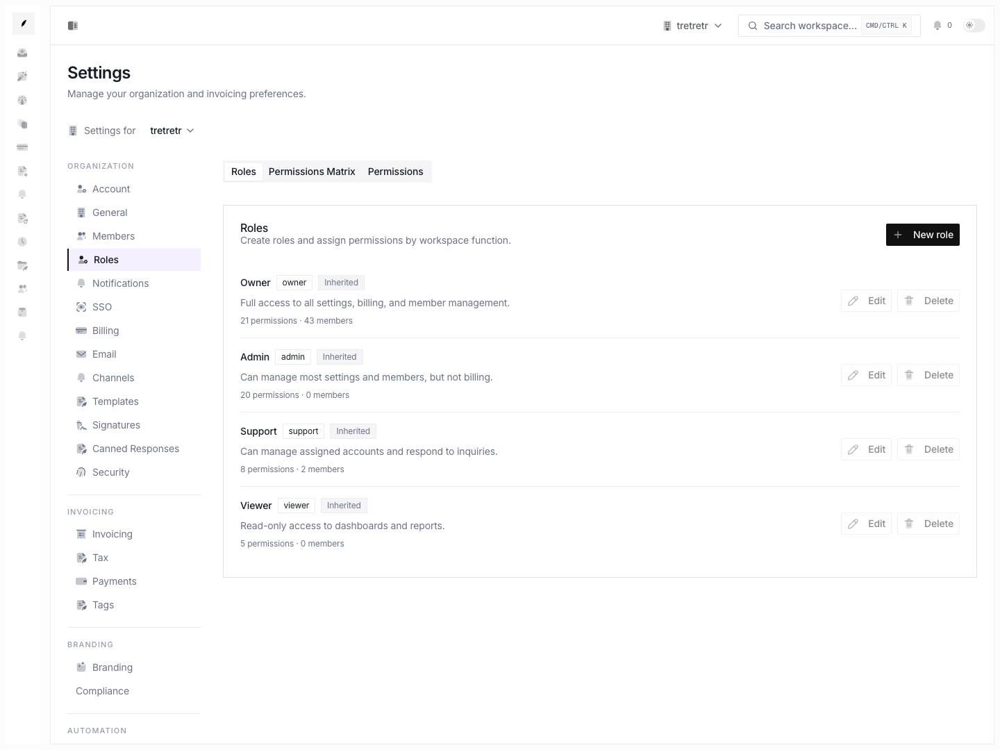 Roles settings showing role cards and permission groups for custom access control.