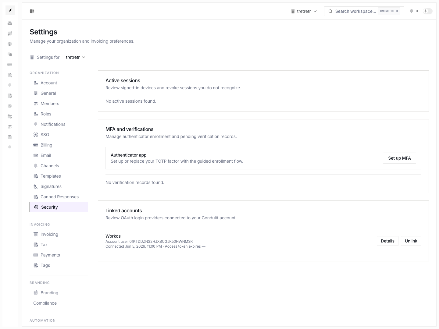 Security settings showing active sessions, MFA and verification methods, and linked accounts.