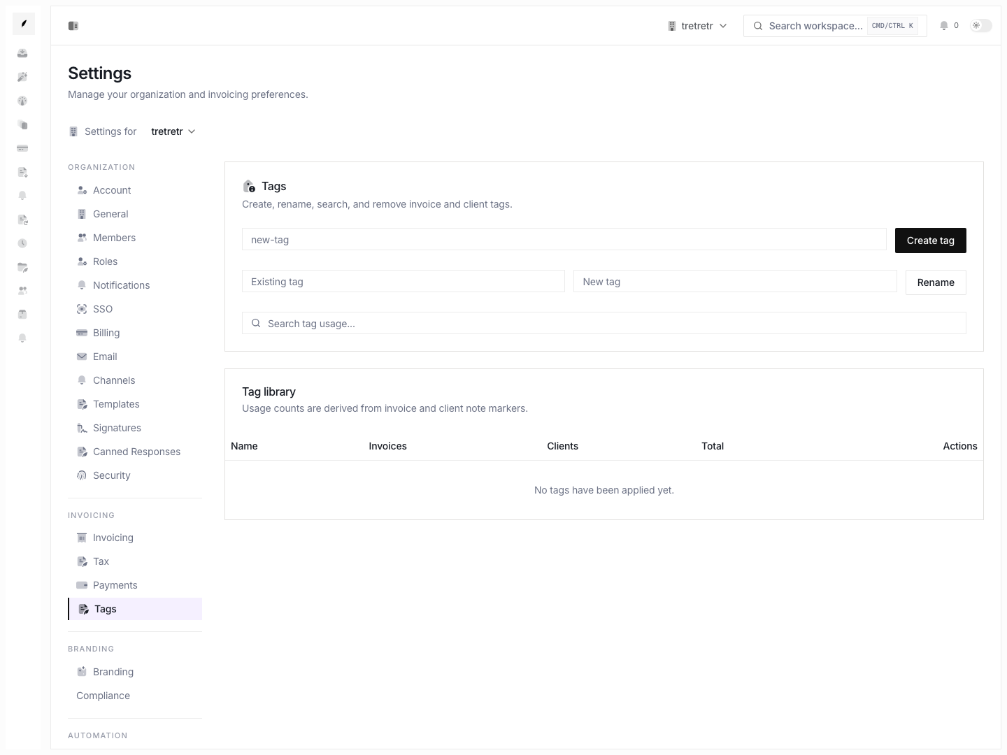 Settings tags page showing the tag library, usage counts, create controls, rename controls, and tag search.