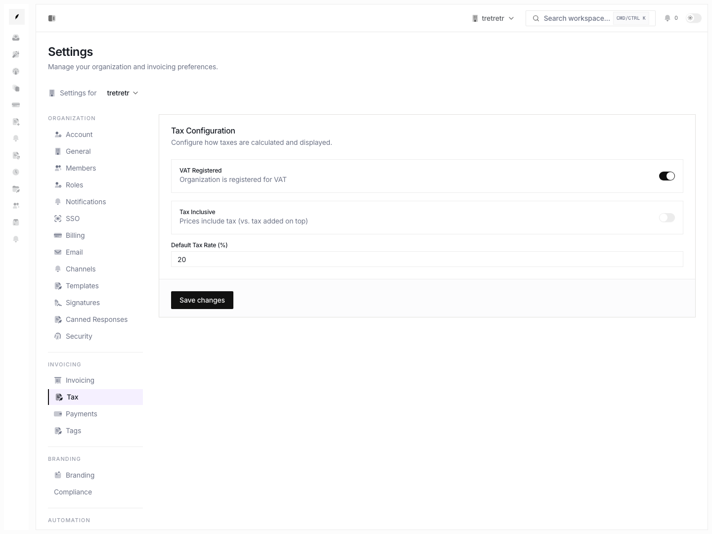 Tax settings showing VAT registration, inclusive pricing behavior, and the default tax rate percentage.