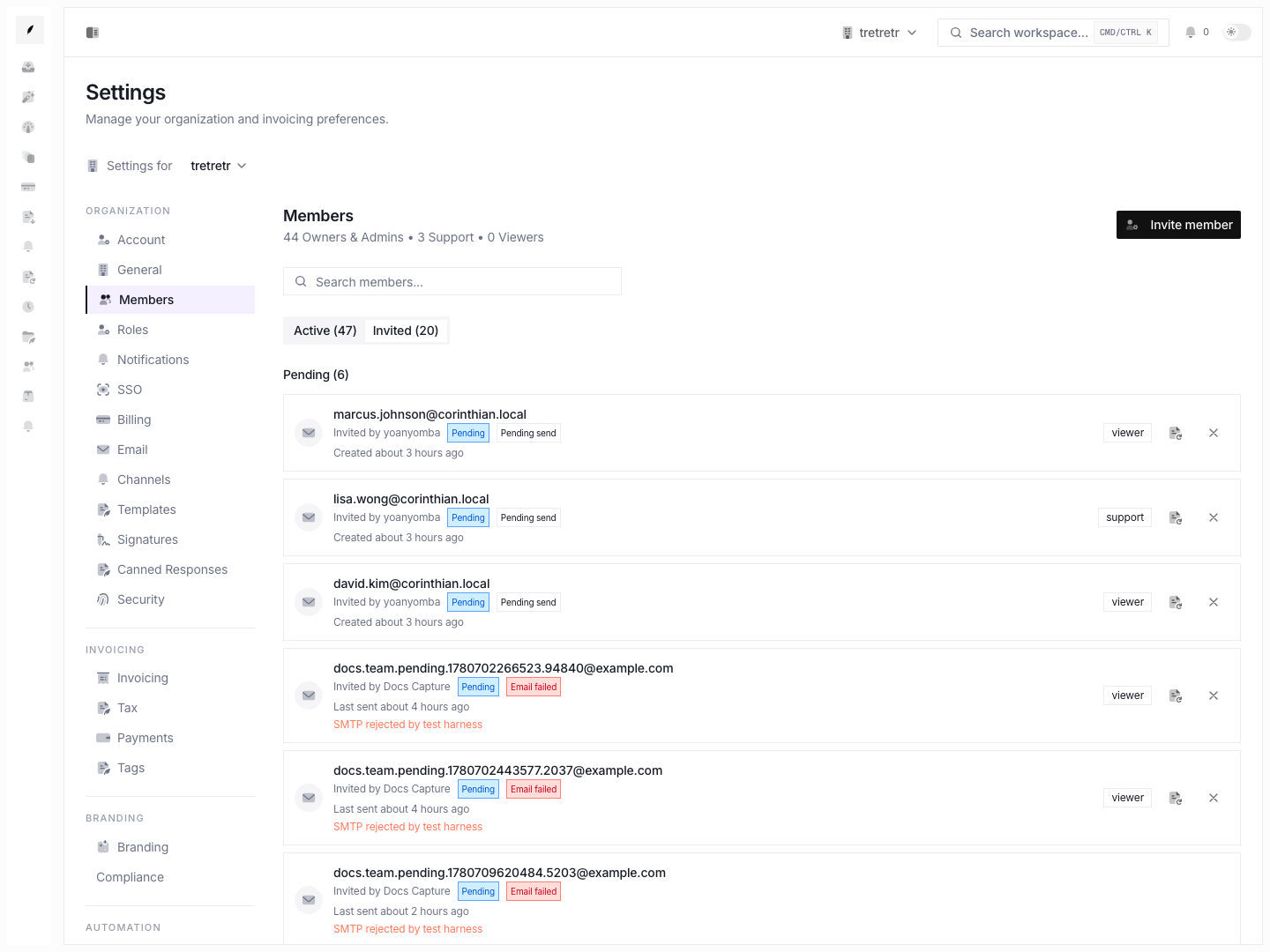 Invited tab showing pending invites, delivery failures, and accepted or expired history.