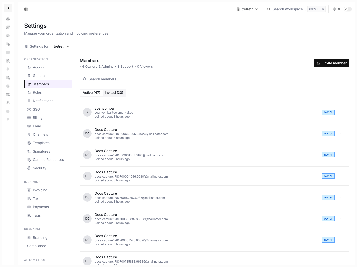 Members workspace showing active teammates, roles, last-active context, and quick access to membership actions.