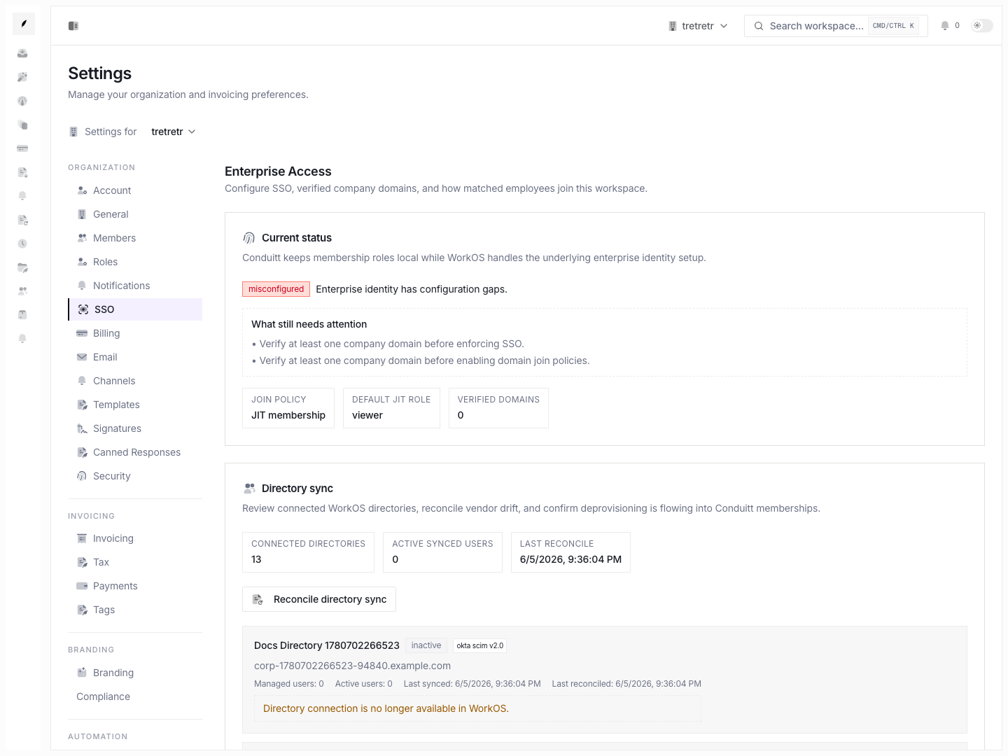 SSO settings showing the enterprise access layer that interacts with role assignment and join policy.