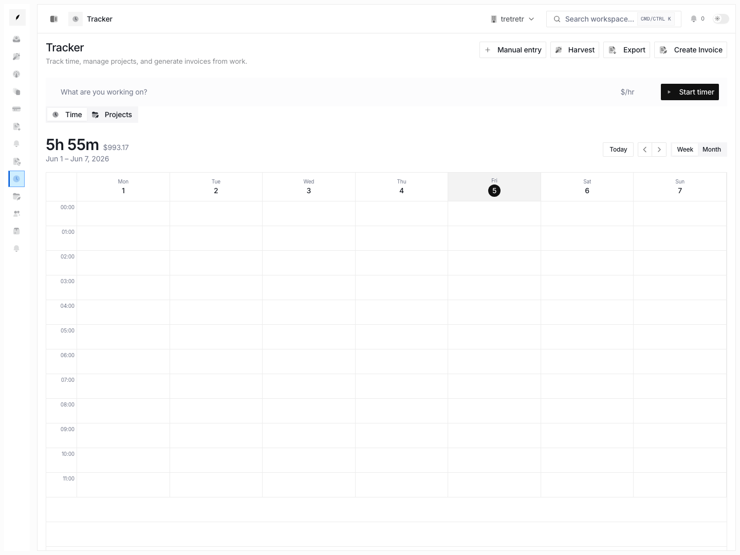 Tracker overview showing the timer and calendar surface used to capture work entries.
