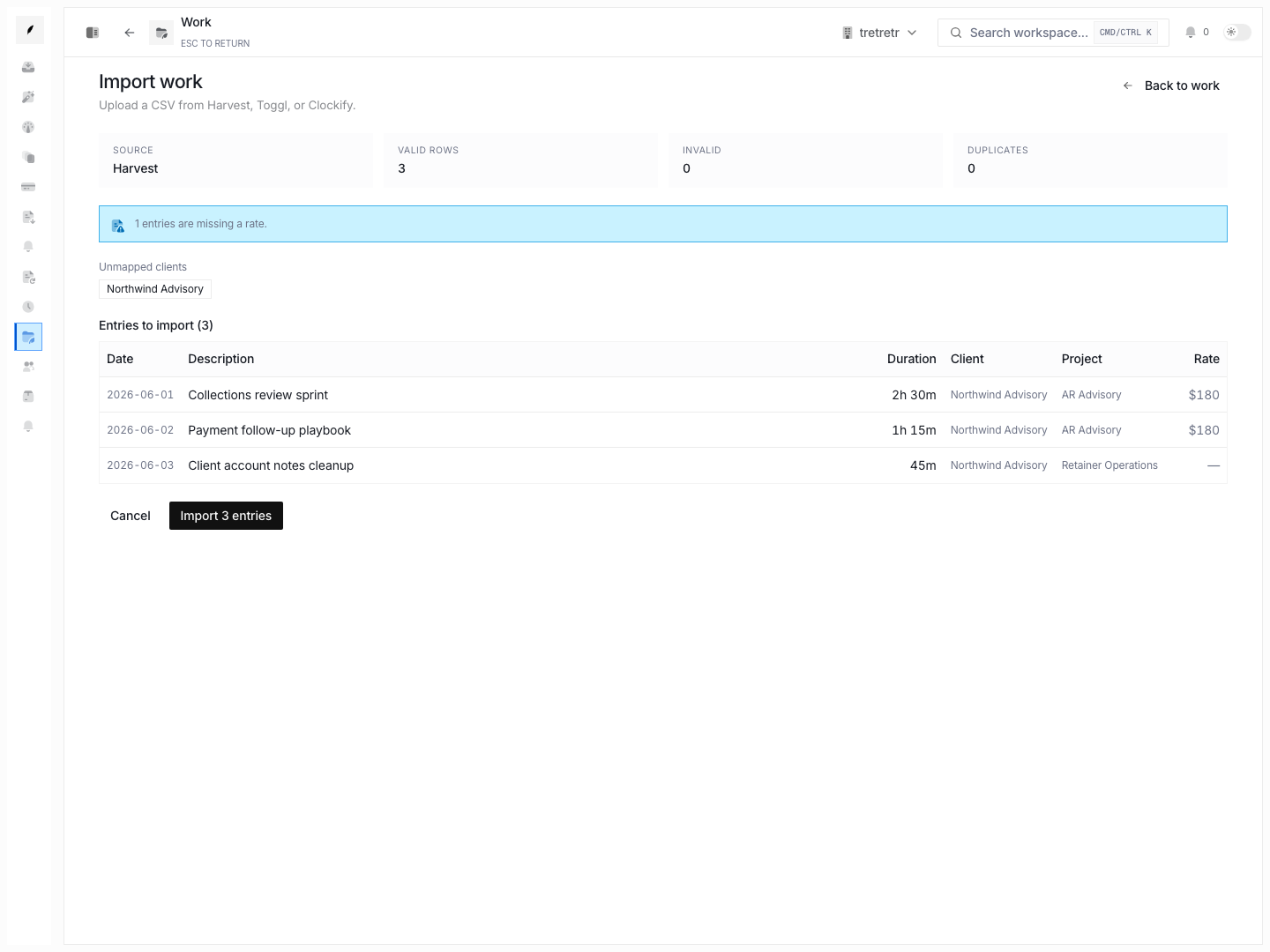 Work import workspace showing upload controls, mapping steps, and review state for billable records.