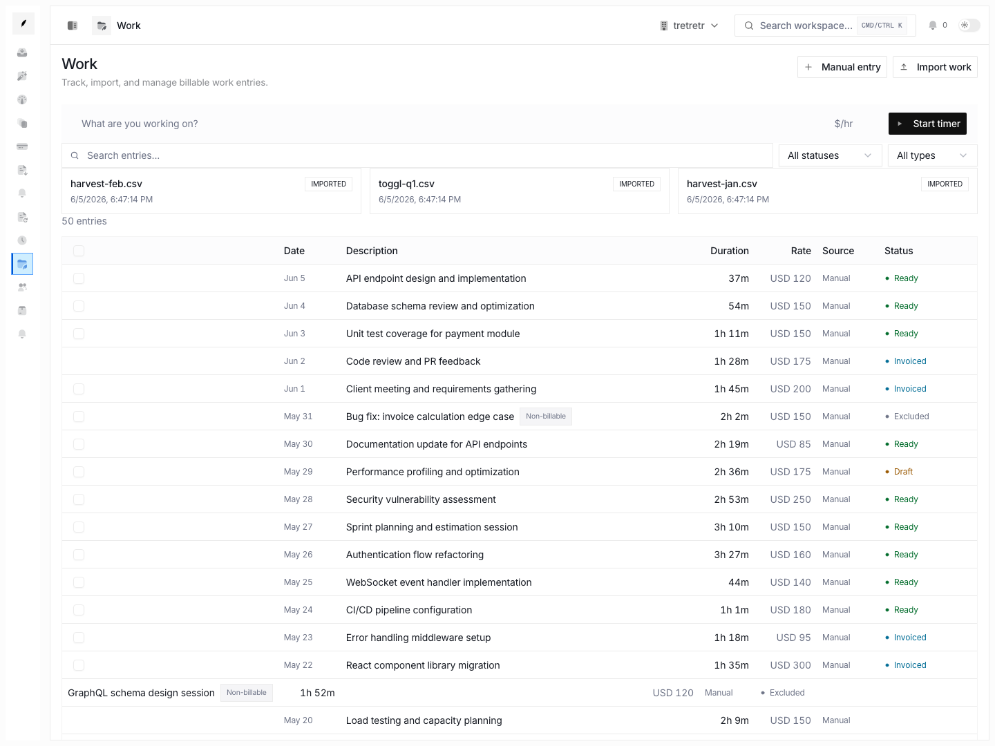 Work overview showing searchable work entries, billing status filters, and import history.